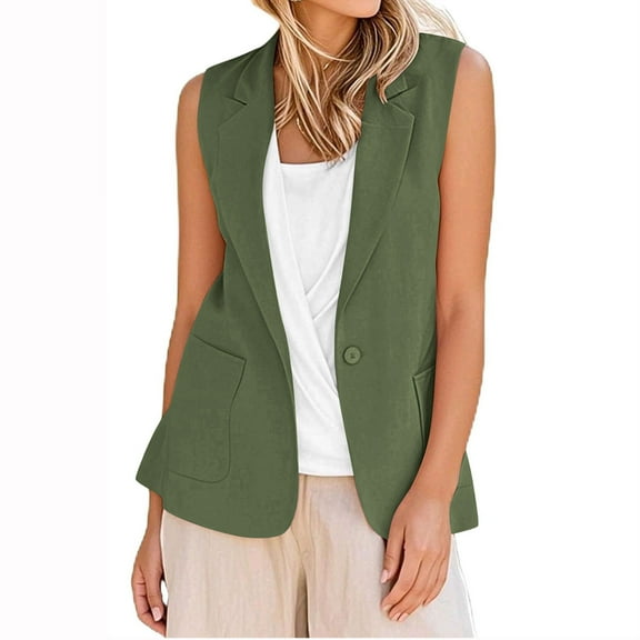 YUGYXL Cotton Linen Suit Jacket for Women Casual Sleeveless Lapel Business Blazers with Pockets Cardigans Tops Army Green M