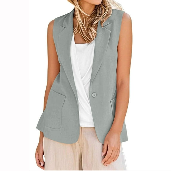YUGYXL Cotton Linen Suit Jacket for Women Casual Sleeveless Lapel Business Blazers with Pockets Cardigans Tops Gray L