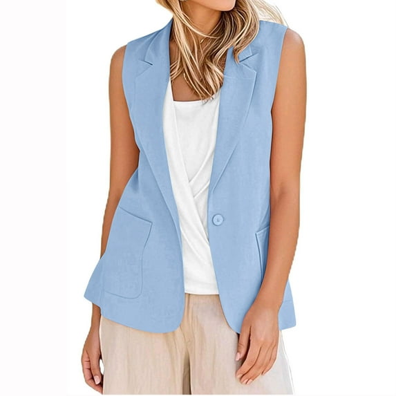 YUGYXL Cotton Linen Suit Jacket for Women Casual Sleeveless Lapel Business Blazers with Pockets Cardigans Tops Light Blue XXL