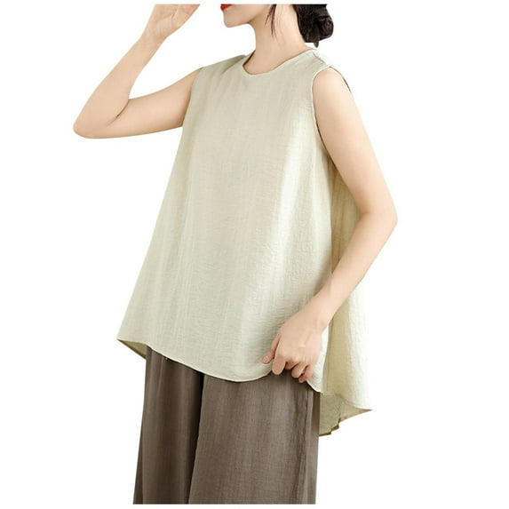 YUGYXL Cotton Linen Tank Top for Women Sleeveless Round Neck Tops Casual Solid Color Flowy Tanks Loose Back Slit Shirt Vest Beige L