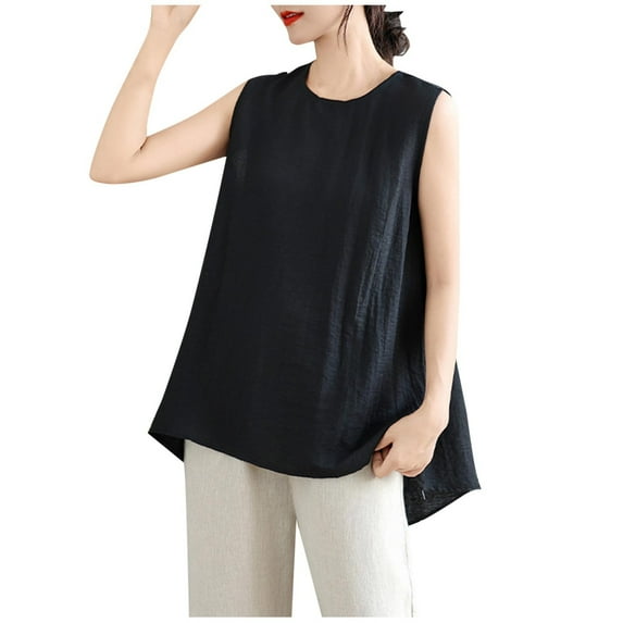 YUGYXL Cotton Linen Tank Top for Women Sleeveless Round Neck Tops Casual Solid Color Flowy Tanks Loose Back Slit Shirt Vest Black M