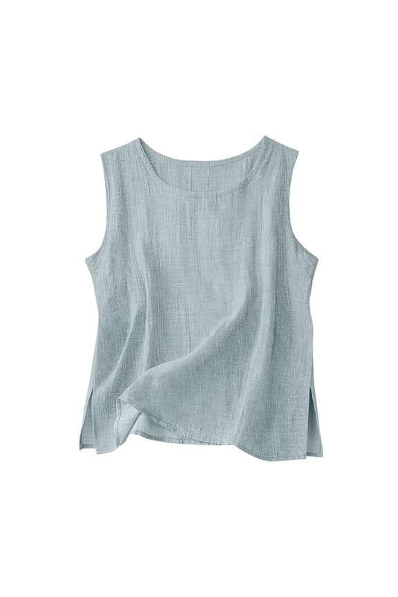 Cotton Linen Tank Tops for Womens Comfy Lounge Wear Summer Sleeveless Crewneck Shirt Casual Blouse Loose Fit Cami Light Blue