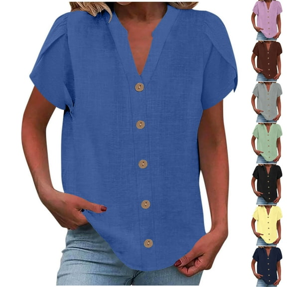 YUGYXL Cotton Linen Tshirts for Women Casual Short Sleeve Lapel Blouses Tops Summer Dressy Button Down Shirts Yellow XXL