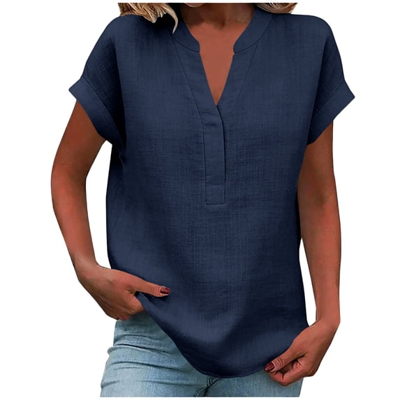 YUGYXL Cotton Linen V Neck Tops for Women Dressy Casual Roll Up Cap Short Sleeve Blouses Summer Fashion Gauze Shirts Navy Top L