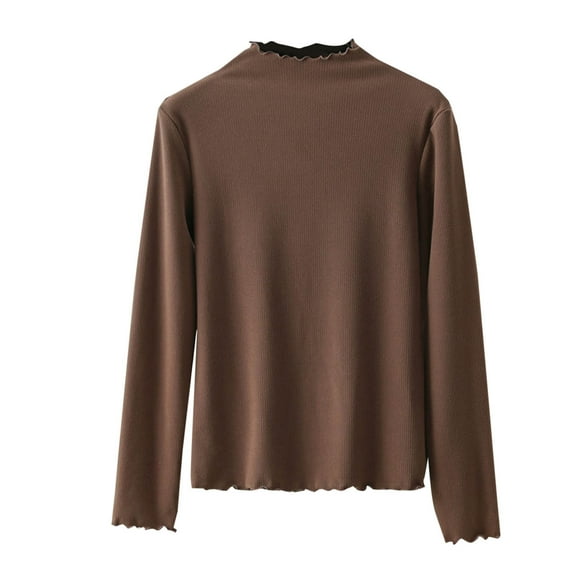 YUGYXL Cotton Long Sleeve Shirts for Women Slim Fit Tshirts Basic Tops Casual Mock Neck Thermal Shirts Layering Undershirts Coffee XXL