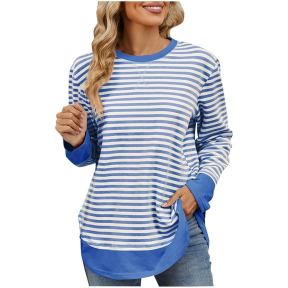 YUGYXL Cotton Sweatshirts for Women Casual Crew Neck Lightweight Striped Pullover Fall Long Sleeve Loose Clothes Blue L