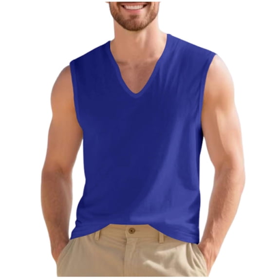 YUGYXL Cotton Tank Tops for Men Casual Summer Breathable V Neck Running Comfy T Shirts Outdoor Soft Workout Fitness Tees Blue M
