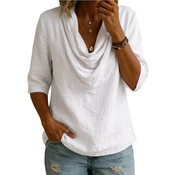 YUGYXL Cowl Neck Tops for Women Plus Size Dressy 3/4 Sleeve Shirts Loose Holiday Pullover Spring Cute Party Outfits White Blouses M