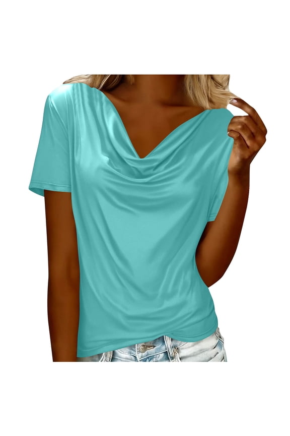 Cowl Neck Tops for Women Spring Dressy Casual Elegant Short Sleeve Tops Summer Work Tops Office Fashion Blouses Light Blue M