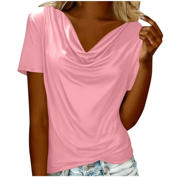 YUGYXL Cowl Neck Tops for Women Spring Dressy Casual Elegant Short Sleeve Tops Summer Work Tops Office Fashion Blouses Pink XL