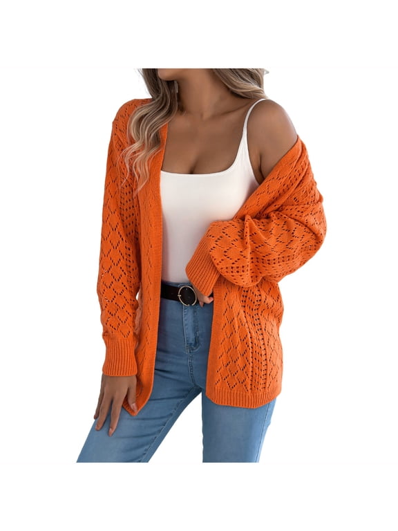 Crochet Cardigan Sweaters for Women Long Sleeve Loose Fit Trendy Vacation Lightweight Boho Knit Cardigans Tops Orange Cardigans