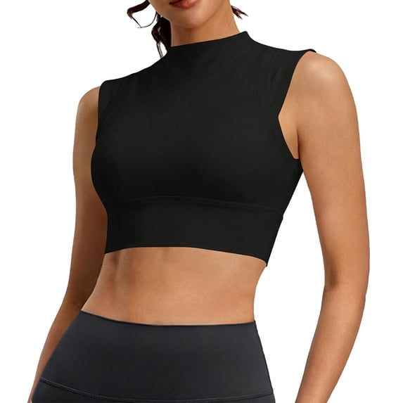 YUGYXL Crop Tops for Women Double Lined Tank Shirts High Neck Sleeveless Racerback Tops Basic Summer Athletic Gym Outfits Black XL