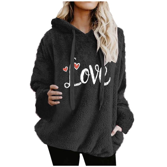 YUGYXL Cute Graphic Print Fleece Hoodies for Women Long Sleeve Winter Warm Sherpa Hooded Sweatshirts Black Hoodie XXXL