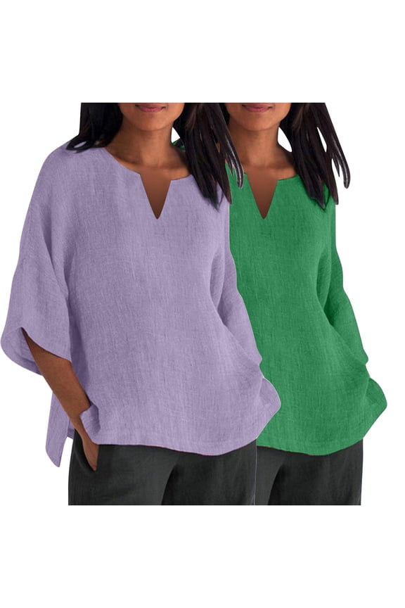 2 PC Womens 3/4 Sleeve Linen Shirts Plus Size Tops Fashion Solid Color Basic Fit Tees Lounge V Neck Lightweight Comfy Tshirts Side Split Clothes Outdoor Blouse