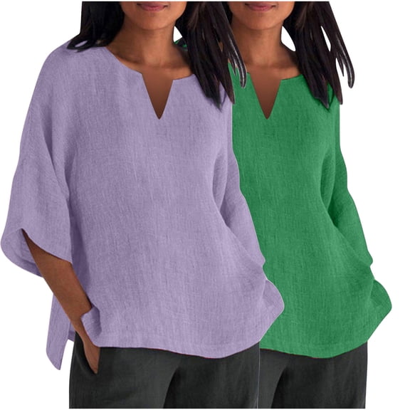 YUGYXL 2 Piece 3/4 Sleeve Linen Shirts for Women Plus Size Tops Casual V Neck Lightweight Loose Tshirts Classic Side Split Solid Color Comfy Tees Holiday Clothes