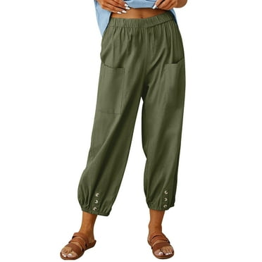 YUGYXL Deals 2024 Summer Cotton Linen Pants Womens High Waisted Stretchy Tapered Pants Solid Color Loose Fit Ankle Pant with Pockets Button Comfy Casual Pants
