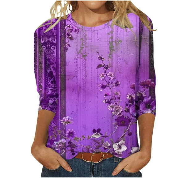 YUGYXL 2025 Fashion 3/4 Length Sleeve Shirts for Women Casual Flower Graphic Vintage Lightweight Blouse Ladies Crew Neck Soft Tunic Pullovers Going Out Fit Tops