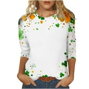 YUGYXL Deals St Saint Sptrick's Day Tshirts for Women 3/4 Length Sleeve Shirts Irish Shamrock Print Tunics Clothes Trendy Crew Neck Tees Plus Size Tops Clearance