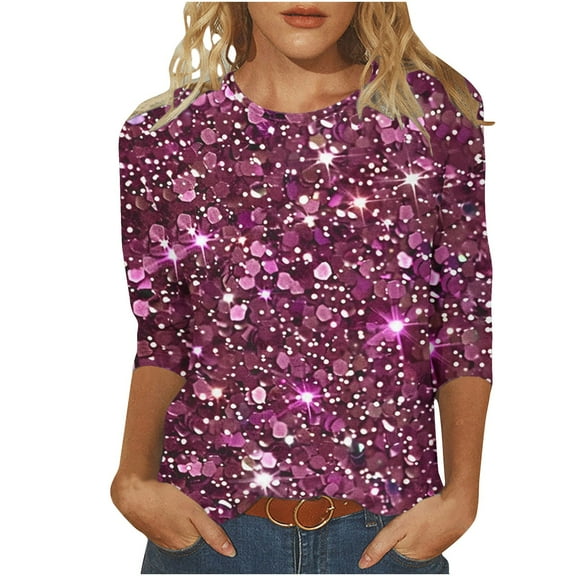 YUGYXL 3/4 Length Sleeve Shirts for Women Plus Size Tops Elegant Sparkly Print Clothes Casual Crew Neck Lightweight Cozy Blouse Ladies Tunics Tees