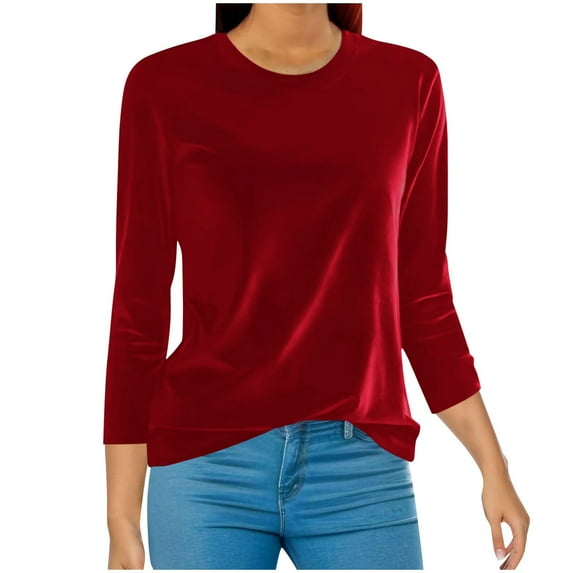 YUGYXL Deals 3/4 Length Sleeve Tshirts for Women Classic Solid Color Cozy Shirts Dressy Crew Neck Soft Lightweight Blouse Ladies Tunics Tees Basics Tops Clearance