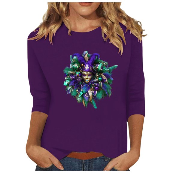 YUGYXL 3/4 Length Sleeve Tshirts for Women Mardi Gras Carnival Printed Shirts Ladies Crew Neck Basic Fit Clothes Lounge Soft Tunic Tees Celebration Parade Tops Sales
