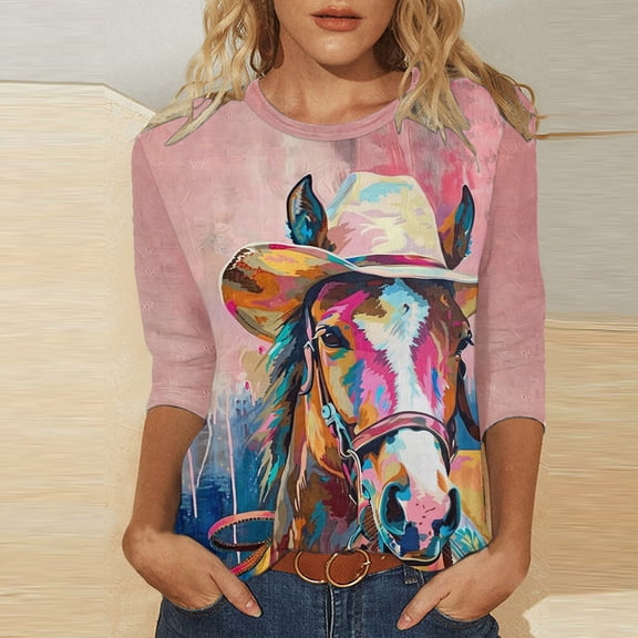YUGYXL 3/4 Sleeve Length Tops for Women Cute Horse Shirts Novetly Graffiti Print Graphic Tees 2025 Summer Tunics Lightweight Tshirts Blouses