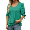 thumbnail image 1 of YUGYXL 3/4 Sleeve Shirt for Women Tie Elbow Sleeve Tshirts Casual Solid Color Comfy Blouse Ladies V Neck Lightweight Clothes Holiday Tops, 1 of 6