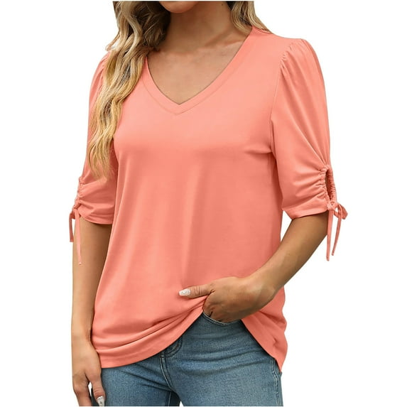 YUGYXL 3/4 Sleeve Shirt for Women Tie Elbow Sleeve Tshirts Casual Solid Color Comfy Blouse Ladies V Neck Lightweight Clothes Holiday Tops