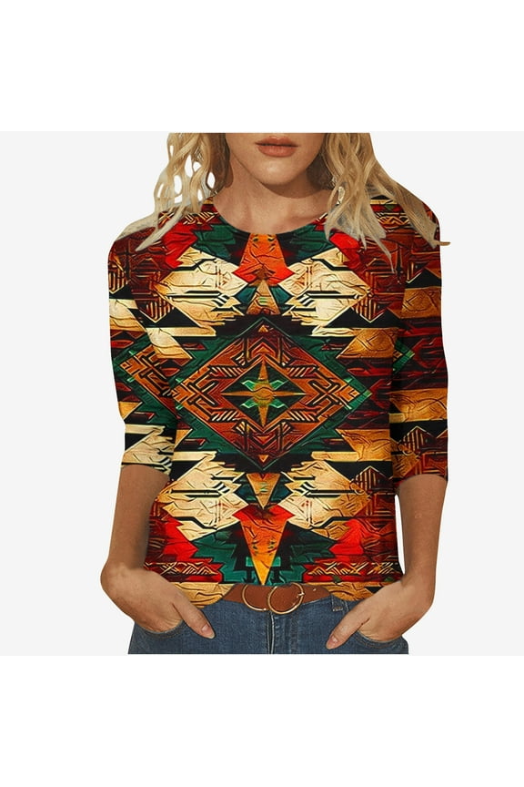 3/4 Sleeve Tshirts for Women Aztec Clothes Trendy Graphic Tees Casual Crew Neck Lightweight Cozy Shirts Ladies Tunics Fit Tops Holiday Blouse