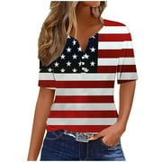 YUGYXL Deals American Flag Shirt for Women Trendy V Neck Henley Tops Fourth of July Tshirts Summer Short Sleeve Print Tees Multicolor S