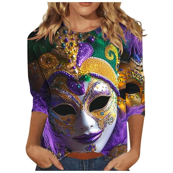YUGYXL Carnival Theme 3/4 Sleeve Tops for Women Funny Printed Tshirts Summer Crew Neck Lightweight Comfy Shirts Ladies Tunic Tees Celebration Party Clothes Sales