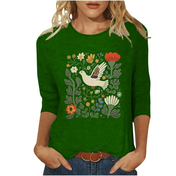 YUGYXL Casual 3/4 Length Sleeve T-shirts for Women Summer Flower Graphic Tees Fashion Crew Neck Soft Tunic Blouse Loose Fit Clothes Outdoor Tops