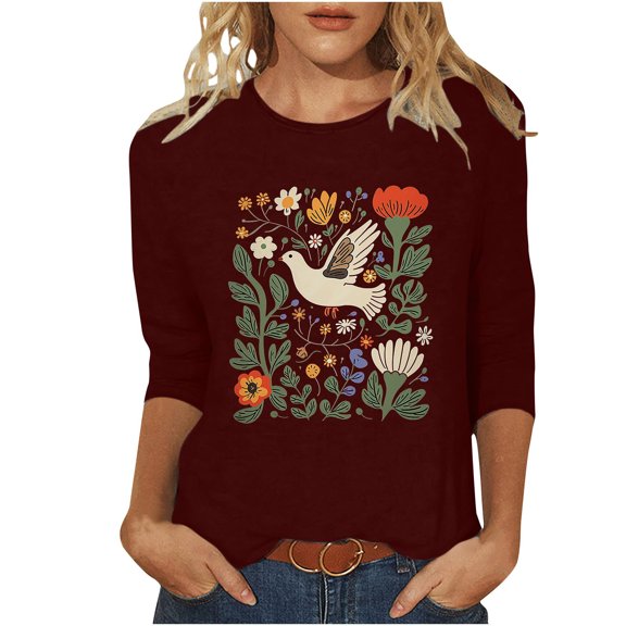 YUGYXL Casual 3/4 Length Sleeve T-shirts for Women Summer Flower Graphic Tees Fashion Crew Neck Soft Tunic Blouse Loose Fit Clothes Outdoor Tops