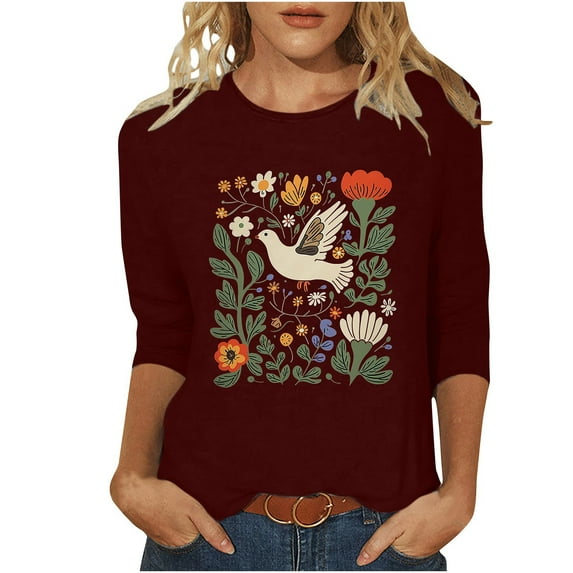 YUGYXLs Casual 3/4 Lengthleeve T-shirts for Womenummer Flower Graphic Tees Fashion Crew Neckoft Tunic Blouse Teen Girl Loose Fit Clothes Outdoor Tops