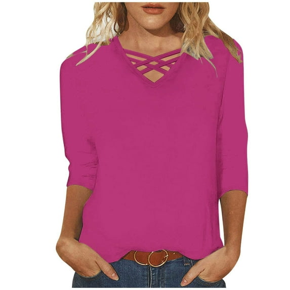 YUGYXL Casual 3/4 Sleeve Shirts for Women Classic Solid Color Tshirts Plus Size Tops Criss Cross Blouse Ladies Soft Tunics Clothes Holiday Tees