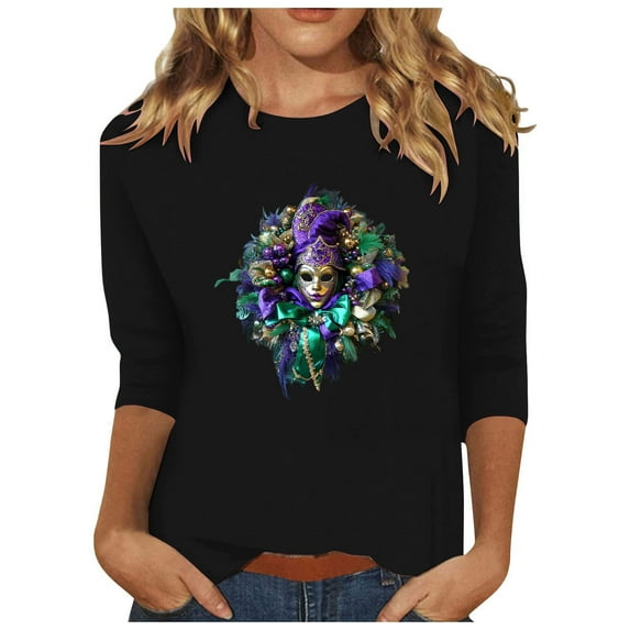 YUGYXL Casual 3/4 Sleeve Tshirts for Women Mardi Gras Carnival Colorful Printed Clothes Summer Crew Neck Lightweight Tunic Shirts Party Basic Fit Tees Sales