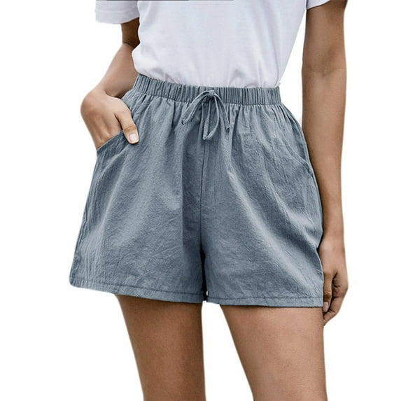 YUGYXL Deals Casual Cotton Linen Shorts for Women Elastic High Waisted Drawstring Pants Summer Loose Fit Plus Size Short Pants Solid Color Sweatpants with Pockets