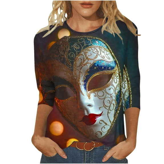 YUGYXL Casual Mardi Gras 3/4 Sleeve Tshirts for Women Plus Size Mask Graphic Loose Comfy Shirt Lounge Crew Neck Soft Tunic Tees Theme Party Carnival Parade Tops