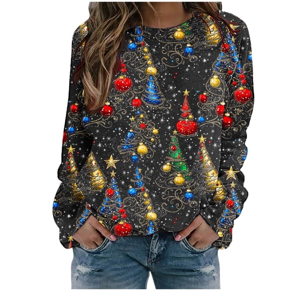 YUGYXL Christmas Sweatshirts for Women Plus Size Crewneck Long Sleeve Xmas Tree Print Shirts Casual Cute Funny Pullover Tops B Multicolor S