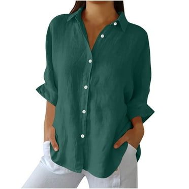 YUGYXL Deals Classic Linen Tshirts for Women 3/4 Length Solid Color Loose Cozy Shirts Summer Button Down Turndown Collar Clothes Business Comfy Tees