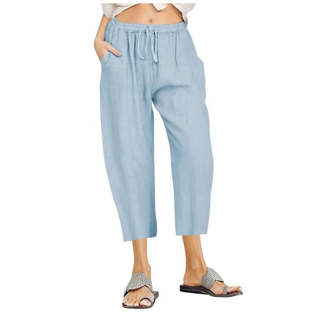 YUGYXL Deals Cotton Linen Capri Pants for Women High Waisted Drawstring Ankle Pant Casual Pleated Loose Fit Straight Trousers Solid Color Plus Size Lounge Long Pants with Pockets