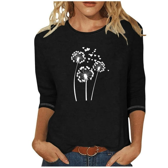 YUGYXL Dandelion Graphic Tees for Women 3/4 Sleeve Comfy Tshirts Fashion Gradient Color Tunics Blouse Ladies Crew Neck Tops Sales