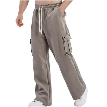 YUGYXL Deals Drawstring Wide Leg Pants for Men Summer Stretch Waist Baggy Straight Pants with Multiple Pockets Fashion Solid Color Athletic Sweatpants Coffee XXXL