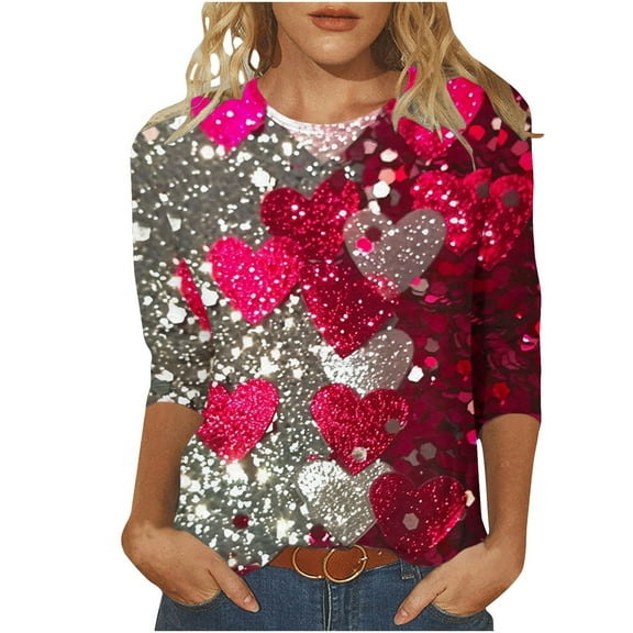 YUGYXL Fashion 3/4 Sleeve Shirts for Women Sparkly Print Tshirts Plus Size Tops Casual Crew Neck Lightweight Blouse Ladies Soft Tunics Clothes Party Tees Sales