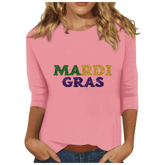 YUGYXL Fashion 3/4 Sleeve Tshirts for Women Mardi Gras Printed Blouse Ladies Crew Neck Tunic Comfy Tees New Orleans Parade Party Basic Fit Tops Sales