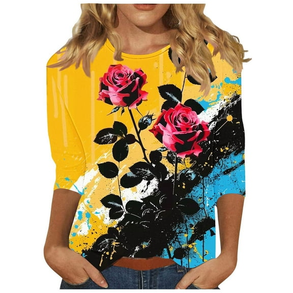 YUGYXL Fashion Flower Graphic Tees for Women 3/4 Sleeve Tshirts Lounge Crew Neck Lightweight Comfy Shirts Ladies Tunics Fit Tops Holiday Blouse
