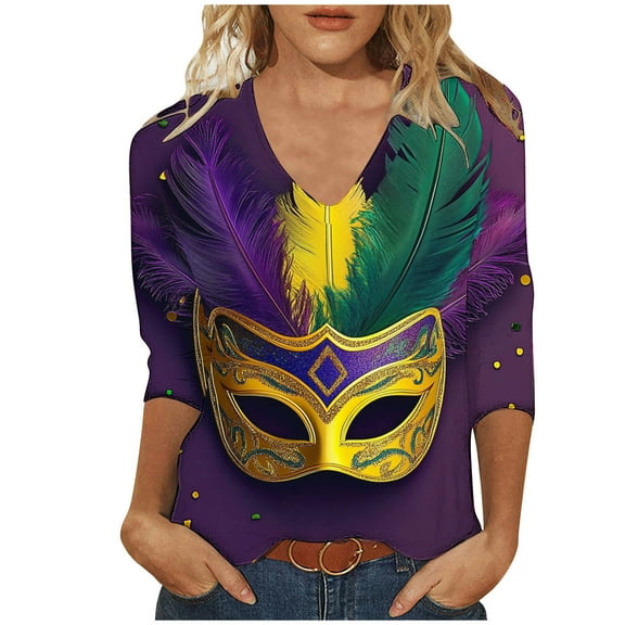 YUGYXL Fashion Plus Size 3/4 Sleeve Tshirts for Women Mardi Gras Party Mask Graphic Fancy Comfy Clothes Lounge V Neck Soft Tunic Shirts Celebration Lightweight Tees