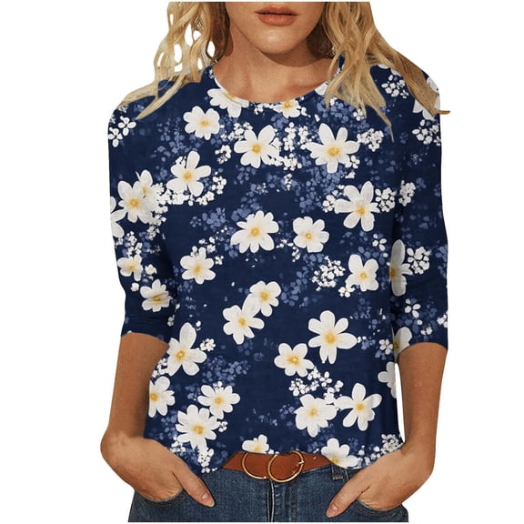 YUGYXL Flower Graphic Tees for Women 3/4 Length Sleeve Shirts Ladies Crew Neck Cute Tshirts Lounge Tunics Comfy Tops Holiday Clothes