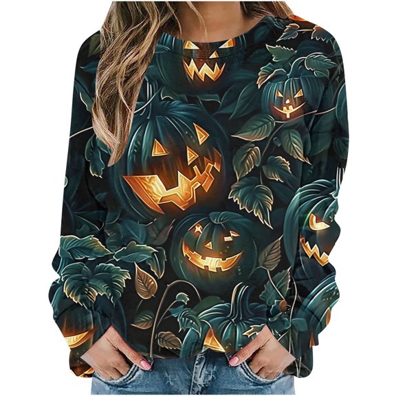 YUGYXL Funny Pumpkin Print Sweatshirts for Women Halloween Witch Bat Graphic Sweater Long Sleeve Round Neck Pullovers Army Green XL