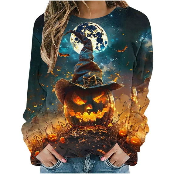 YUGYXL Funny Pumpkin Print Sweatshirts for Women Halloween Witch Bat Graphic Sweater Long Sleeve Round Neck Pullovers Multicolor XL